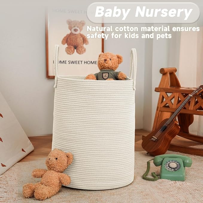 Large Woven Laundry Basket Hamper,80L Cotton Rope Storage Bin for Blankets,Toys and Clothes,Decorative Tall Nursery Hamper for Living Room,Baby Nursery,Bathroom and Bedroom,White