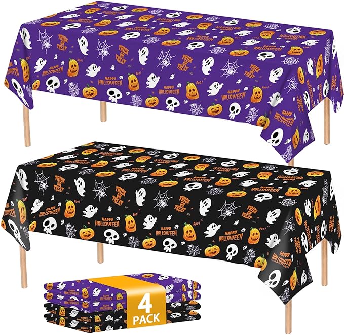 ATFUNSHOP 4 Packs Halloween Tablecloth Disposable Table Cover 54X108 Halloween Decorations Kids Birthday Party Decor for Kids, Spooky Waterproof Spillproof Table Cloth - Perfect for Dinner