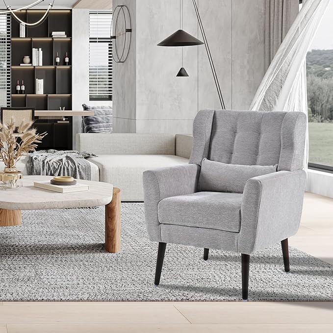 Accent Chair Set of 2, Upholstered Armchair with Pillow, Fabric Single Sofa Chair with Lounge Seat and Wood Legs Accent Chair for Living Room Small Spaces (Grey, Set of 2)