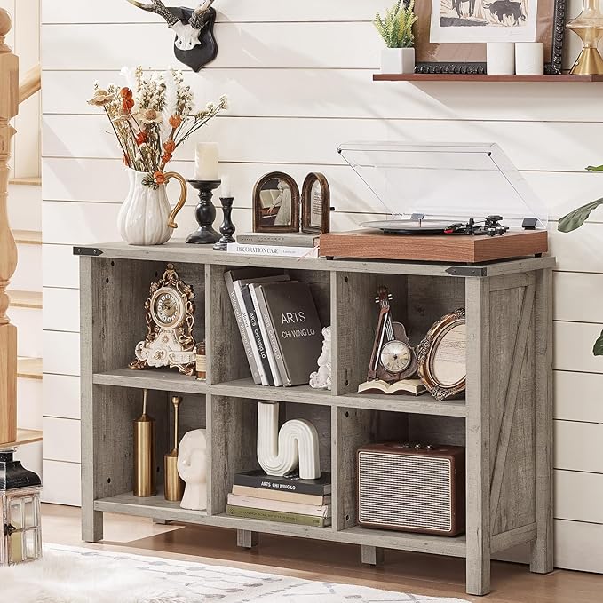 Farmhouse 6 Cube Bookshelf, Rustic Grey Oak Wooden Storage Organizer Book Shelf, 47 Inch Cubby Hallway Bookcase, Kids Toy Storage Cabinet, Modern Open Book Case for Living Room, Hallway