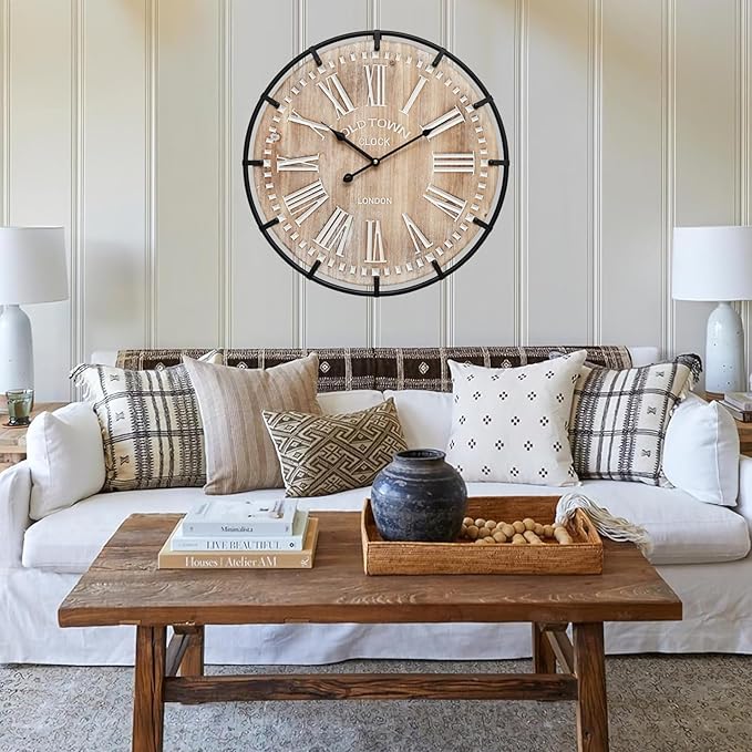 24 Inch Grand Farmhouse Wall Clock, Vintage-Inspired Wood & Metal Design with Large Etched Numbers, Silent Battery-Powered Timepiece for Offices, Kitchens, Bedrooms, and Living Rooms