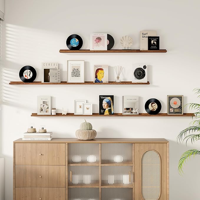 Floating Picture Ledge Shelves for Wall Set of 2, 55 Inches Picture Shelf with Ledge, Nursery Book Shelf for Toys Storage Kids Bookshelf Wall Mounted Living Room Bedroom Decor Frames, Walnut