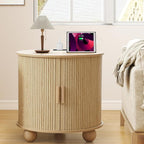 Farmhouse Round End Table with Charging Station, 24" Large Fluted Sofa Side Table with Sliding Tambour Door & Storage, Mid-Century Wood Nightstand for Living Room, Bedroom (Natural)