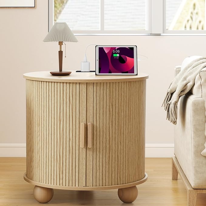 Farmhouse Round End Table with Charging Station, 24" Large Fluted Sofa Side Table with Sliding Tambour Door & Storage, Mid-Century Wood Nightstand for Living Room, Bedroom (Natural)