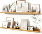 Fun Memories Picture Ledge Shelves Set of 2, 36 Inch Rustic Wall Mounted Floating Shelves with Lip for Home Storage and Décor in Bathroom, Kitchen, Nursery, Bedroom, Living Room, Oak