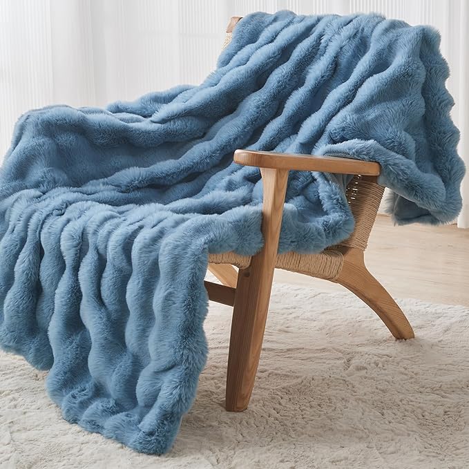 Lotus Karen Faux Fur Throw Blanket Sky Blue - Big Bubble Rabbit Fluff Blanket for Couch Bed Sofa,Softest Fluffy Fuzzy Cozy Blanket,Thick Furry Plush Shaggy Warm Blankets for Women,60x80 Inches
