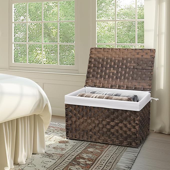 Wicker Storage Basket with Lid, 27.7 Gallon (105L) Large Blanket Basket with Lid, Woven Storage Bin with Handles, Removable Liner, Metal Frame, Foldable, for Bedroom, Laundry Room, Brown