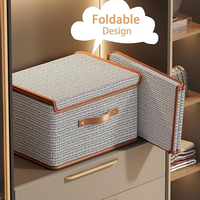 Tuza 4 Pack Storage Bins with Lids, Collapsible Closet Organizer Container, Fabric Organizer Box with Handles, Decorative Storage Boxes with Lids for Organizing Clothes, Books, Light Grey, Large