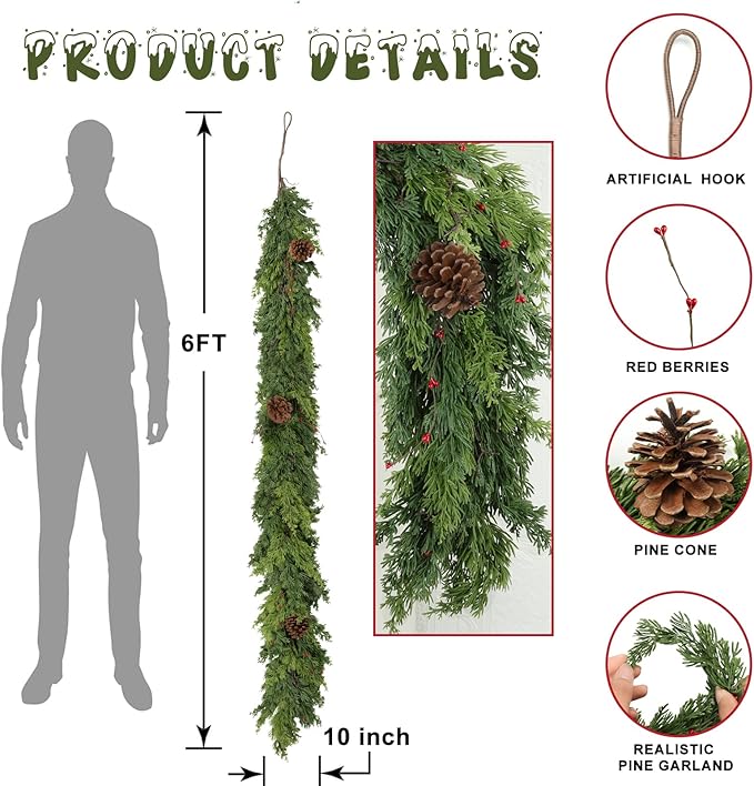 6 Ft Real Touch Christmas Garland Indoor with Pine Cone,Thick and Lush，Soft Bendable Mantle Garland Christmas, Lifelike Cedar Garland, Christmas Garland for Mantle,Indoor Christmas Decorations