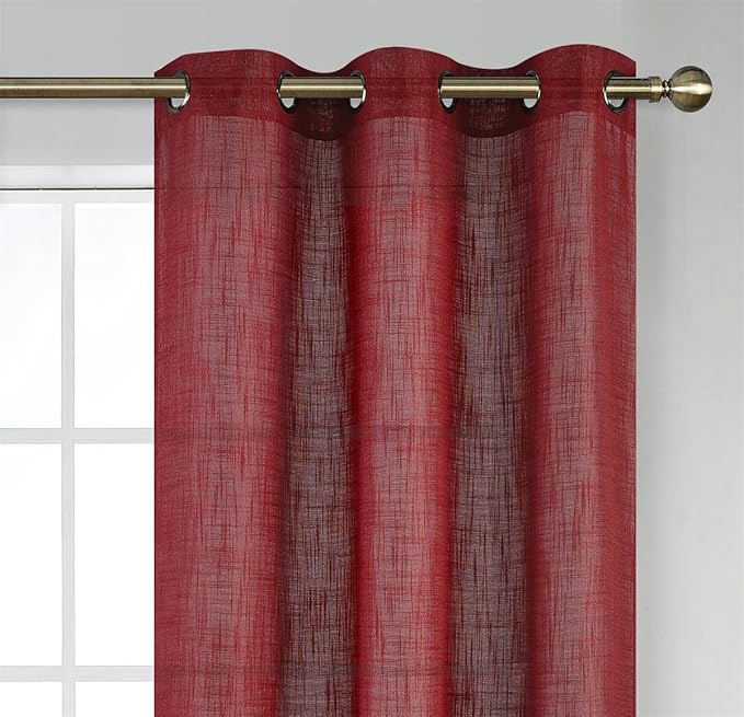 MIUCO Semi Sheer Curtains Poly Linen Textured Solid Grommet Curtains 95 Inches Long for Window Treatment 2 Panels (2 x 37 Wide x 95" Long) Burgundy