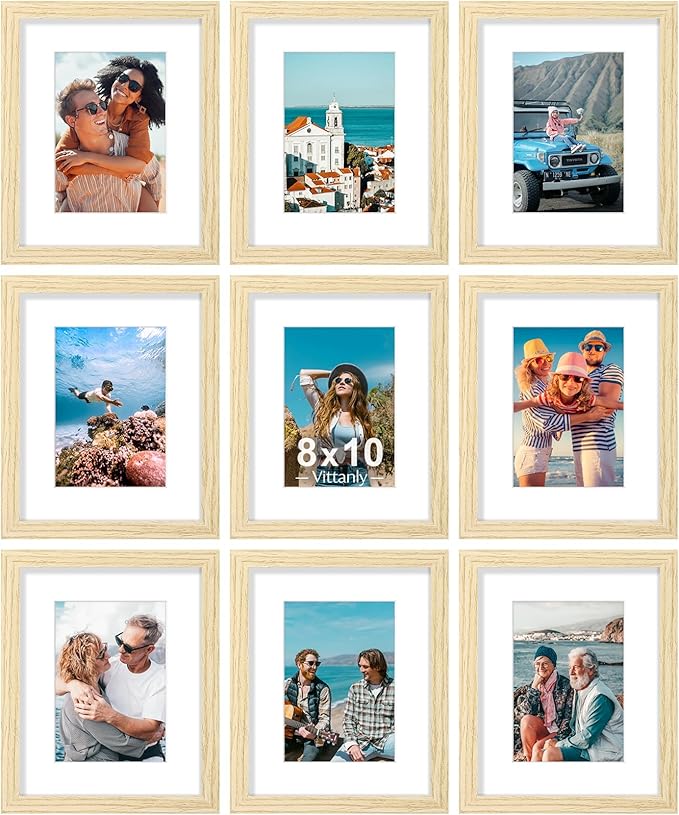 Vittanly 8x10 Picture Frames Set of 9, Shatter Resistant Plexiglass, Display 5x7 Pictures with Mat or 8x10 without Mat, Photo Frames for Wall or Tabletop, Engineered Wood, OAK