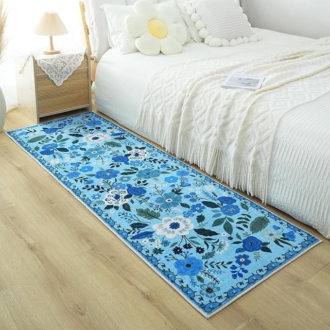 Runner Rug for Hallways Kitchen Rug Non Slip 2'6''x8' Washable Runner Rugs with Rubber Backing Soft Floral Carpet Runner for Hallways, Kitchen, Laundry, Bedroom, Bathroom(Blue)