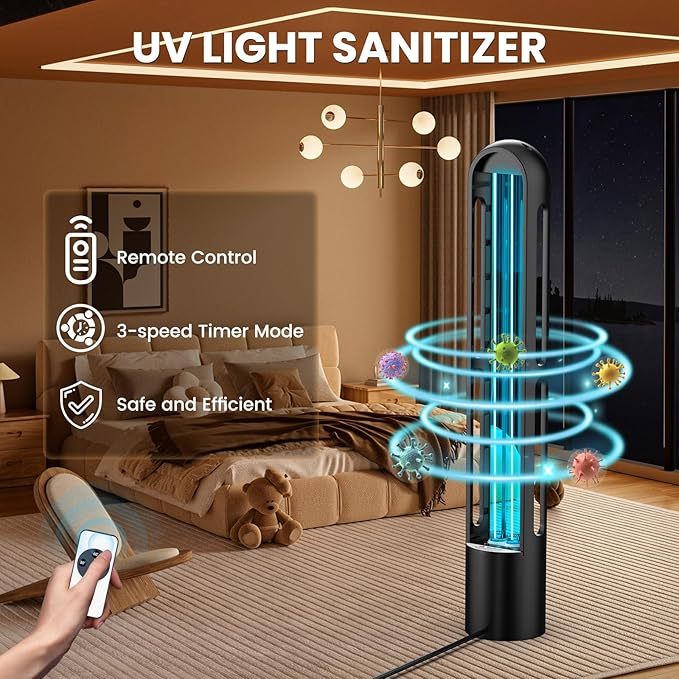UV Light Sanitizer, Ultraviolet Lamp with Remote Control for Bed Bugs and Dust Mites, Home Disinfection Device UV Lamp for Home, Room & Kitchen, Ultraviolet Light with 3 Speed Timings