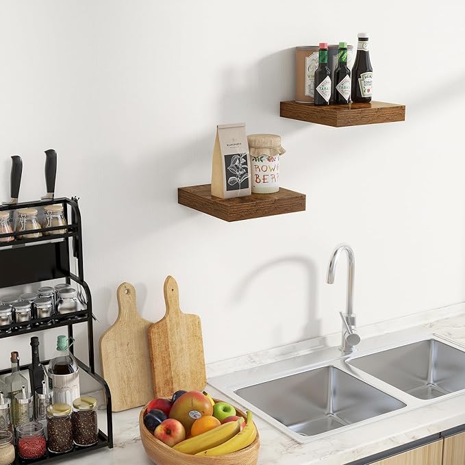 Fun Memories Floating Shelves for Wall - 10" x 10" Wood Shelf with Invisible Bracket - Deep Floating Shelves - 10 Inch Shelf Wall-Mounted for Living Room & Bathroom - Rustic Brown - Set of 2