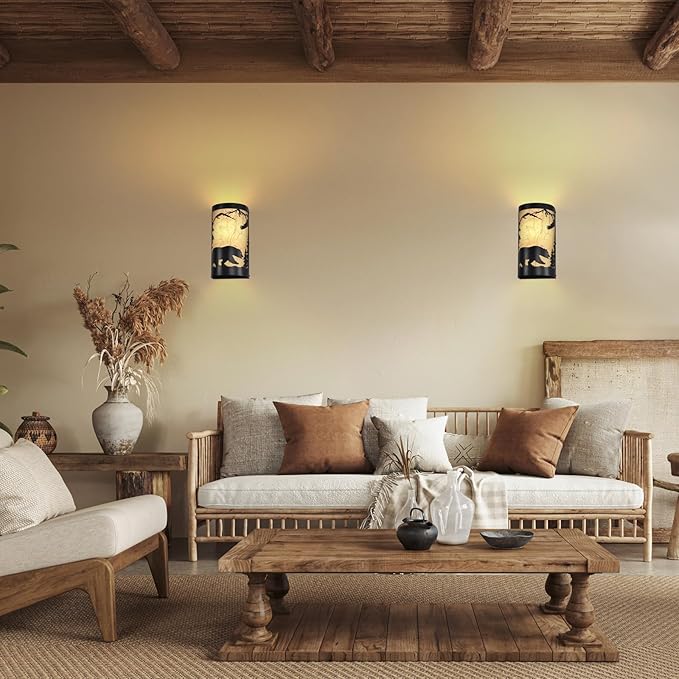 Black Wall Sconces,Bear Metal Yellow Parchment Rustic Wall Sconces,Farmhouse E26 Base Hallway Wall Light Fixtures,Industrial Wall Mount Lamp,Indoor Wall Lamps for Living Room,Bedroom,Bedside