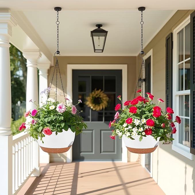 2 Pack 12 Inch Large Hanging Planters with Chains Self Watering White Brown Plastic Hanging Pots for Indoor Outdoor Plants, Garden Porch Home Decor，White Brown
