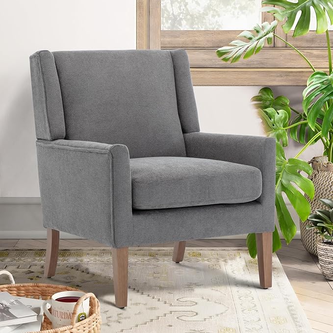 COLAMY Modern Wingback Living Room Chair, Upholstered Fabric Accent Armchair, Single Sofa Chair with Lounge Seat and Wood Legs for Bedroom/Office/Reading Spaces, Gery
