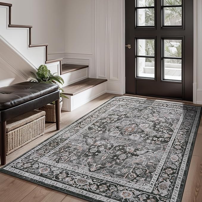 AMOAMI-4X6 Area Rugs for Living Room -Soft Vintage Bedroom Rug-Non Slip Washable Rug-Throw Rugs for Living Room Bedroom Bedside Dining Room Office Dark Grey & Black