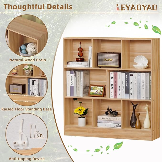 LEYAOYAO 8 Cube Bookshelf with Base,3 Tier Mid-Century Modern Natural Bookcase,Standing Wide Bookshelves Storage Organizer Shelf,Rustic Wood Display Cabinet Book Shelves for Bedroom,Living Room,Office