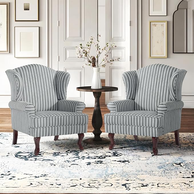 Accent Chair, High Back Upholstered Armchair with High Resilience Sponge & Wood Legs, Mid-Century Modern Comfy Single Sofa Reading Chairs for Living Room, Bedroom (Stripe Grey, Set of 2)