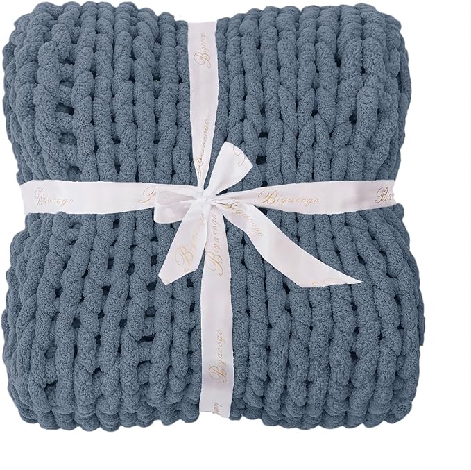 Bigacogo Chunky Knit Throw Blanket for Couch, 40x40 inches, 100% Hand Knitted with Thick Jumbo Chenille Yarn, Cozy Soft Large Rope Knot Cable Crochet Blankets for Sofa Bed Living Room, Cold Sea Blue