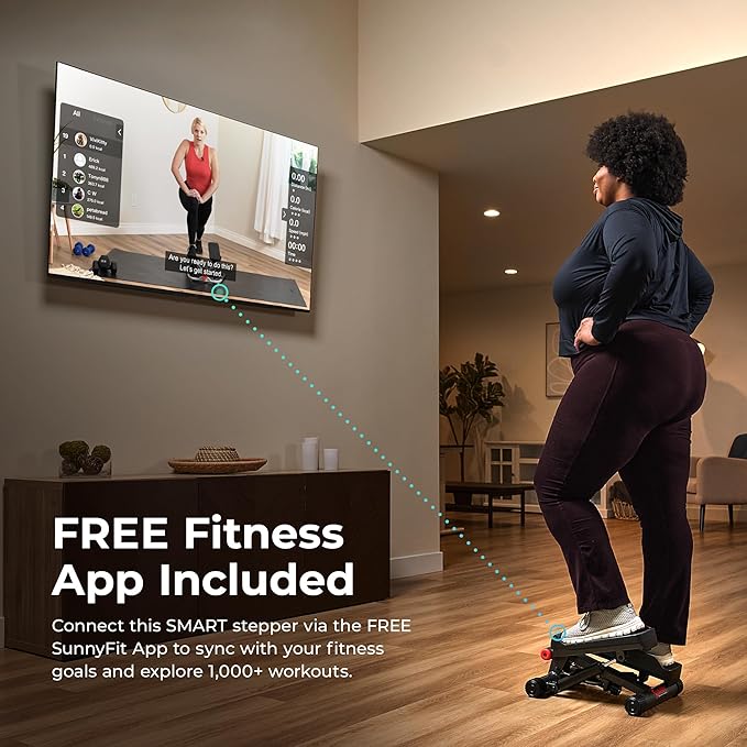 Sunny Health & Fitness Mini Stepper for Exercise at Home, Stair Step Workout Machine with Resistance Band and Over 300lb Weight Capacity, Optional Twist Motion and Free SunnyFit App Connection