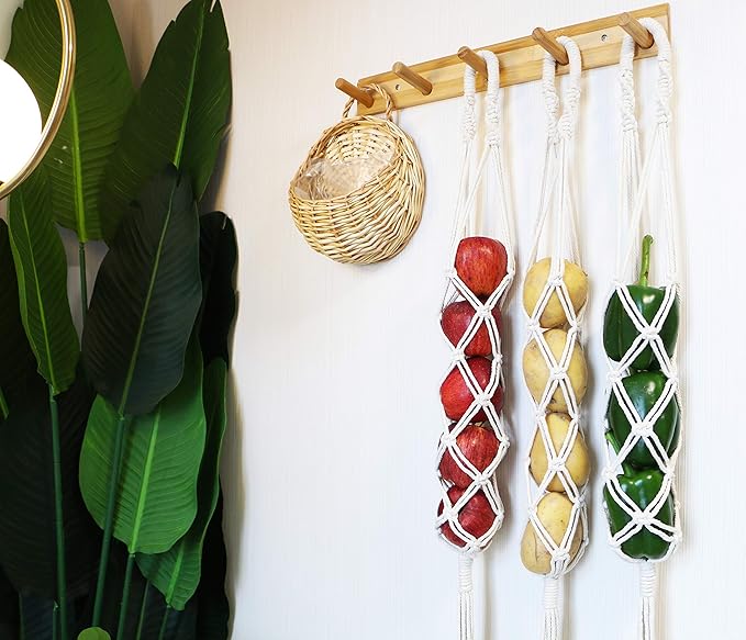 Decocove Hanging Fruit Basket - Boho Basket for Potato, Onion and Fruit Storage - Boho Wall Hanging Decor for Kitchen - Macrame Wall Hanging Basket - Set of 3