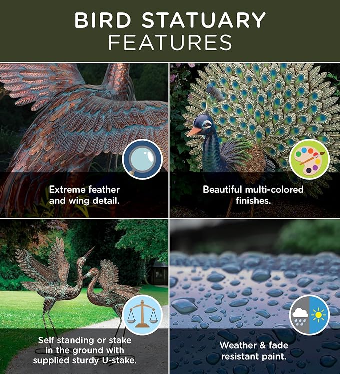 Regal Art & Gift Outdoor Garden Décor, Unique Bird Sculpture, Rustic Metal Bird Statues, Garden Ornaments, Bird Figurine for Lawn, Decorative Sculpture, Crane, Multi, Wings Up, 44" Height