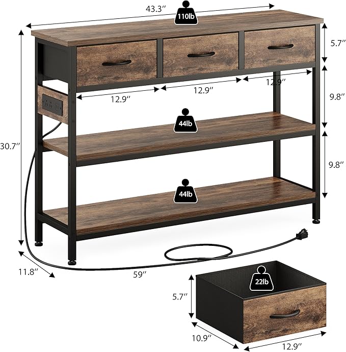 Lulive Entryway Table with Power Outlets, Console Table with 3 Fabric Drawers, Sofa Table for Living Room, Hallway, Couch, Foyer, Height Adjustable (Rustic Brown, 43")
