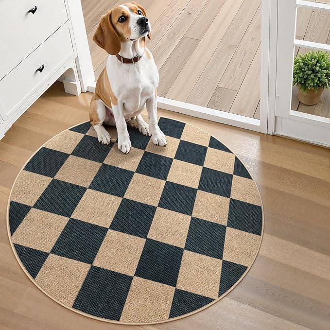 Lahome Checkered Easy Jute Rugs for Entryway, 3 ft Round Rug Small Indoor Outdoor Circle Carpet, Farmhouse Neutral Non Slip Non Shedding Black Carpet for Kitchen Front Porch Foyer