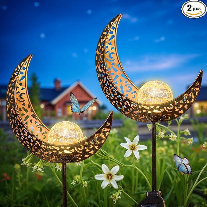 2Pack Moon Garden Solar Lights Outdoor Stakes Waterproof, Gifts for Mom, Crackle Glass Patio, Backyard Decorations, Balcony Lawn Ornaments, for Women Men Grandma (Bronze)