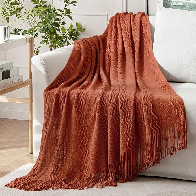 MIULEE Fall Rust Knitted Throw Blanket for Couch Boho Terracotta Textured Cozy Woven Blanket with Tassels for Sofa Chair Bed Living Room Acrylic Wave Pattern 60"x80"