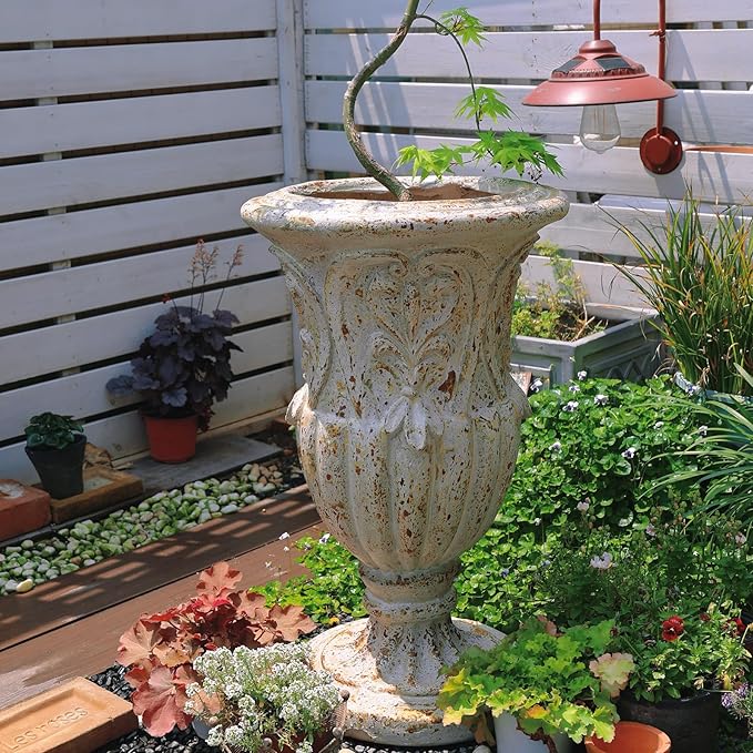 Vintage European Giant Garden Urn Planter, Decorative Cement and Fiber Flower Pot, Make Rust Finished, Wrap Foam Safely Delivered from Local Warehouse (Vintage, Large)
