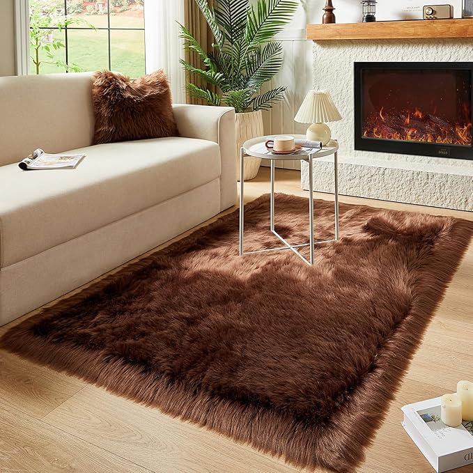 AMTOVO Faux Fur Sheepskin Rug for Living Room, 4 x 6 ft Coffee Fluffy Area Rug for Bedroom, Playroom, Luxury Room Decor, Rectangle