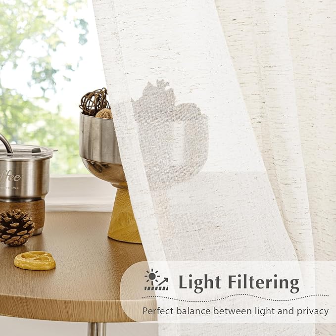 FMFUNCTEX Linen Sheer Pinch Pleated Curtains for Bedroom, Linen Flax Beige 63 Inch Length Sheer Curtain See Through Panels for Living Room, Natural Window Drapes for Farmhouse, Rod Pocket 2 Panels
