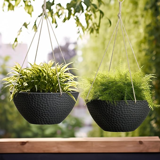 LA JOLIE MUSE Hanging Planters for Outdoor Plants, Large Hanging Planter with Drain Holes, Outdoor Hanging Flower Pots, Matte Black, Honeycomb (13.2 Inch, Set of 2)