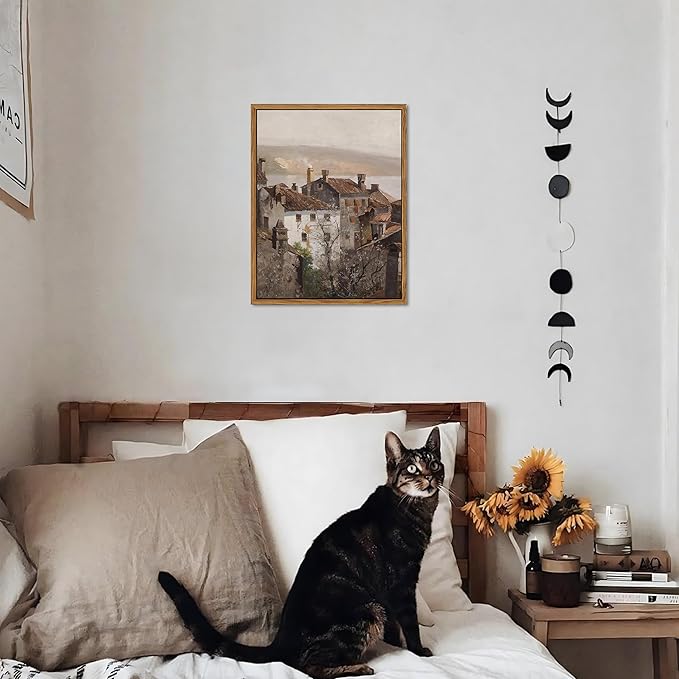 Floating Framed Vintage Canvas Wall Art, European Country Towns Wall Decor Oil Paintings Artwork, Rustic Farmhouse Posters Prints Pictures for Living Room Hallway Bedroom 8x10 inch