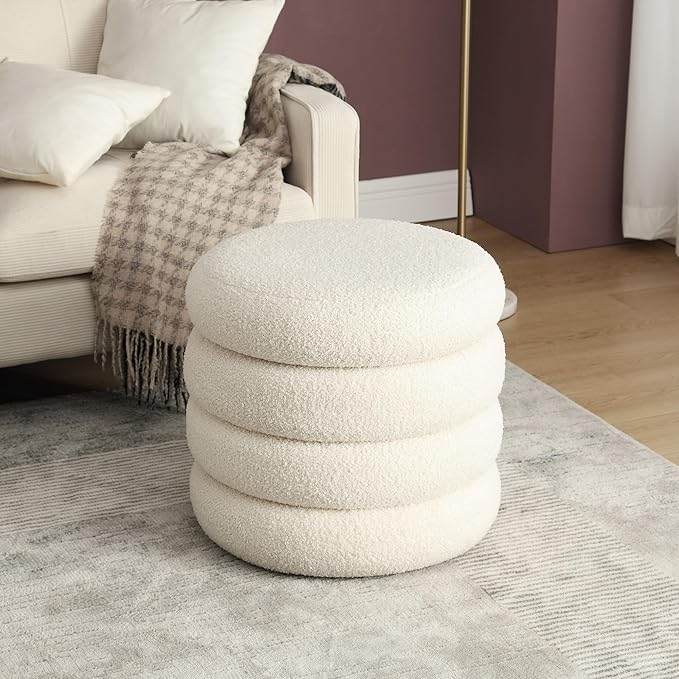 ONEVOG 20" Round Storage Ottoman with Removable Lid, Off-White Boucle Fabric Footrest Pouf, Sherpa Tufted Small Coffee Table Vanity Ottoman Foot Stools for Living Room Couch, Bedroom, Dorm, Nursery