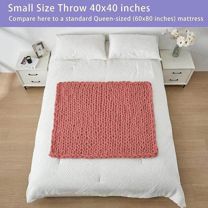 Bigacogo Chunky Knit Throw Blanket for Couch, 40x40 inches, 100% Hand Knitted with Thick Jumbo Chenille Yarn, Cozy Soft Large Rope Knot Cable Crochet Blankets for Sofa Bed Living Room, Antique Red