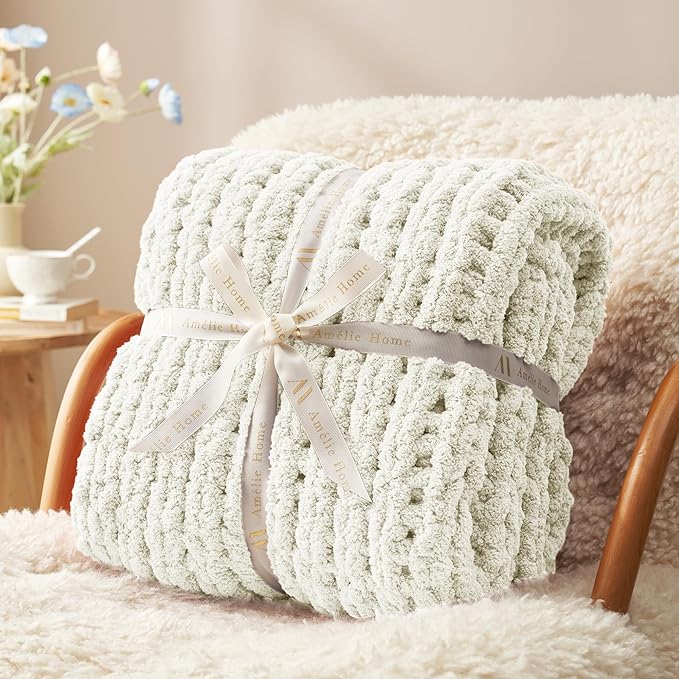 Amélie Home Chunky Knit Throw Blanket for Couch, Soft Chenille Crochet Blanket for Children, 40"x50", Ivory