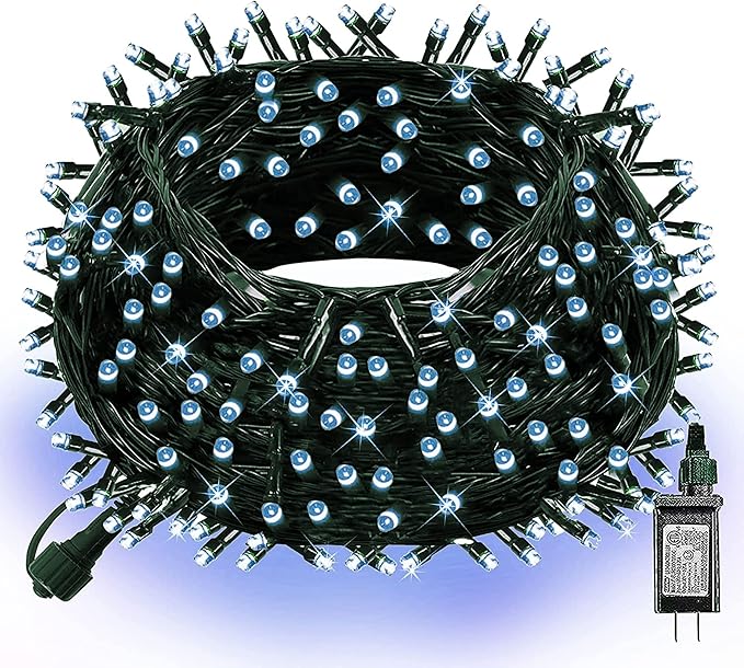 Dazzle Bright 300 LED Christmas String Lights, 100 FT Connectable Waterproof String Lights Green Wire with 8 Modes, Christmas Decorations for Indoor Outdoor Xmas Party Yard Garden (White)