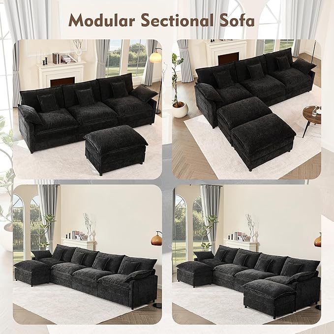 108" U Shaped Couch, Modular Sectional Sofa, 3-Seater Comfy Cloud Couch with Movable Ottoman, Deep Seat Couches for Living Room, Chenille, Black