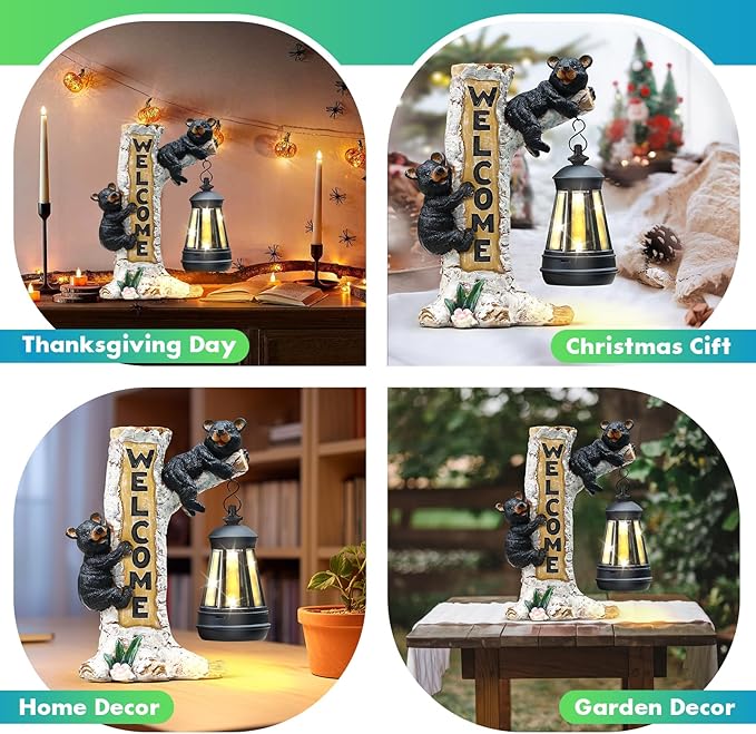 Json Garden Bear Statue with Solar LED Lantern, Gifts for Mom Yard Art, Whimsical Figurine Large Sculpture Lighted Outdoor Mother's Day Spring Decorations for Lawn, Porch