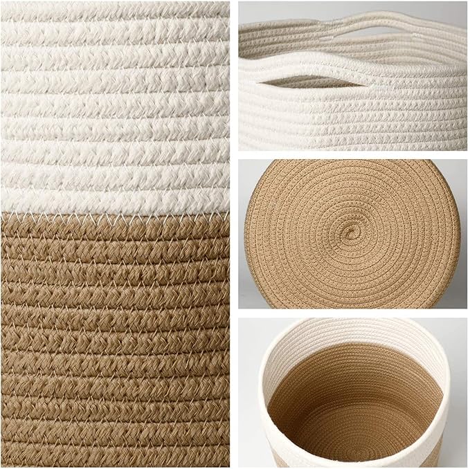 11" Cotton Rope Plant Basket Modern Woven Baskets for 10" Flower Pot Floor Indoor Planters,Storage Organizer Baskets Home Decor,Brown White 11"x 11"