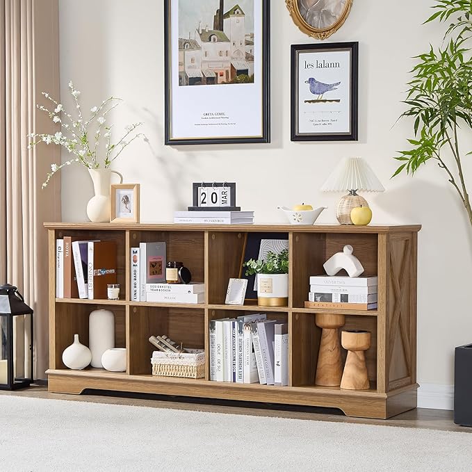 Farmhouse 8 Cube Bookshelf, Storage Organizer Bookcase, Kids Toy Storage Cabinet, Long Bookshelves Storage Organizer Shelf, Wood Display Cabinet Book Shelves for Bedroom,Living Room, Natural Oak