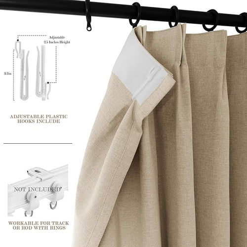 100" W x 84" L Faux Linen Room Divider Curtains, Full Blackout Pinch Pleated Drapes for Traverse Rod, Bedroom Divider Privacy Drapery with Hooks for Ceiling Track, 1 Panel, Sand Beige