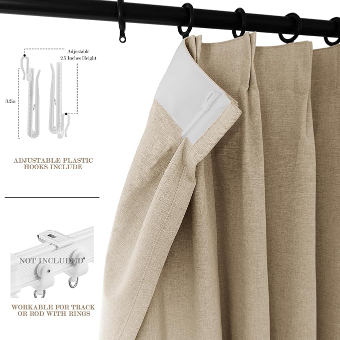 Sand Beige Pinch Pleat 100% Blackout Drapes Linen Blend, Room Divider, Room Darkening, Energy Saving, Furniture Protecting, Light Blocking Extra Wide Privacy Curtains, 200Wx108L, 1 PC