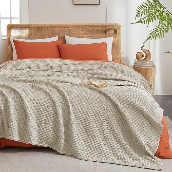 PHF Ultra Soft Waffle Weave Blanket Queen Size 90"x 90"- Washed Lightweight Breathable Cozy Woven Blanket for Bed - Aesthetic Decor for Couch Bedding Sofa Home Car - Light Khaki/Linen