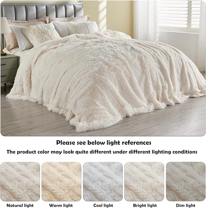GONAAP Fuzzy Faux Fur Throw Blanket Queen Size Ivory Super Soft Cozy Plush Fuzzy Shaggy Blanket for Couch Sofa Bed (Ivory, Queen(90"x90"))