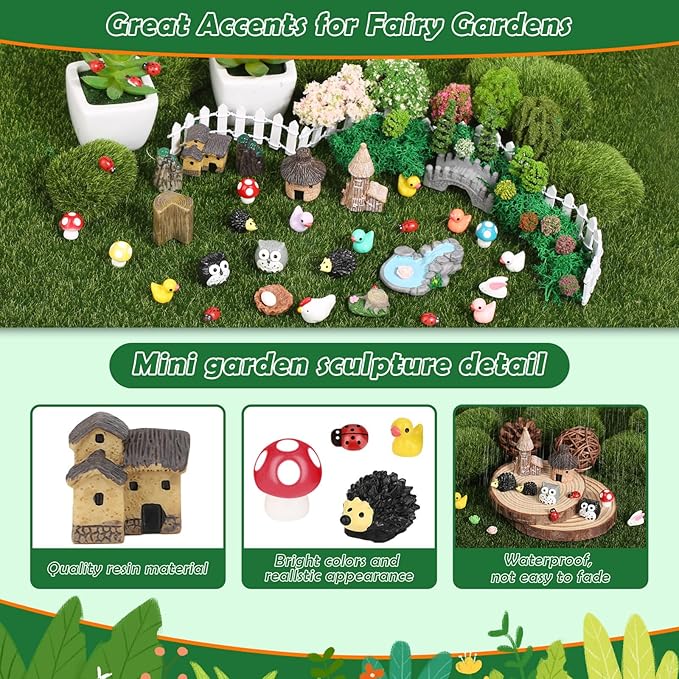 Thrilez 210 Pieces Miniature Fairy Garden Accessories, Including Resin Animals, Miniature Figurines, Micro Landscape Ornaments Kit, Fake Diorama Trees for Fairy Garden Decor